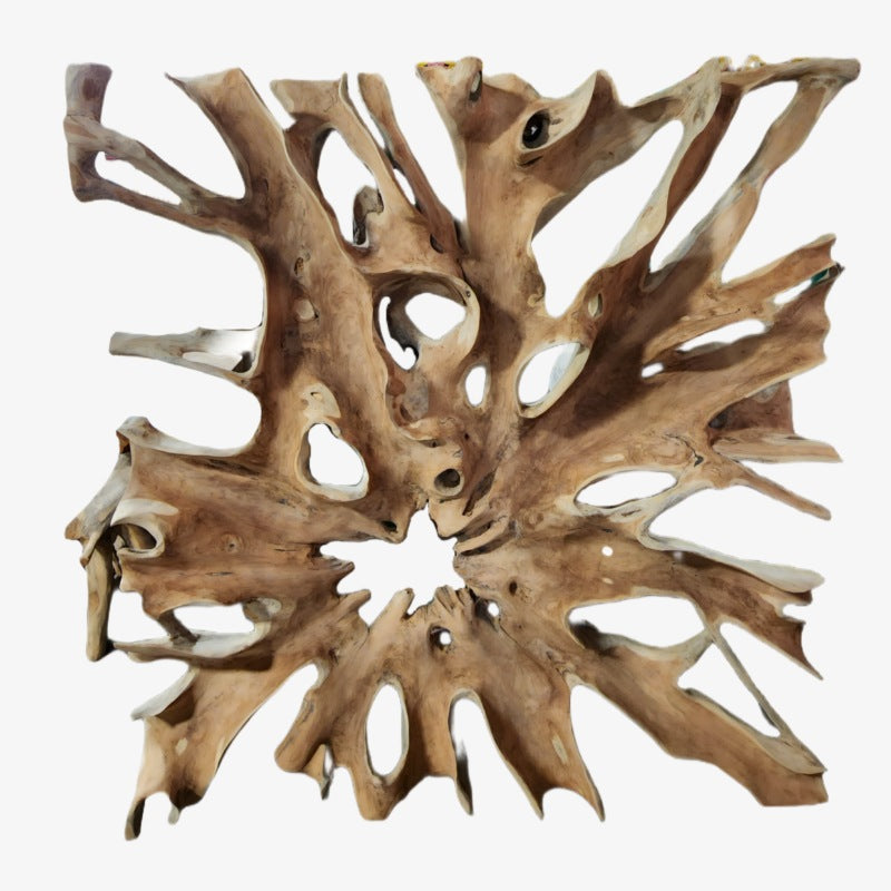 Wall art creatively handcrafted from reclaimed teak tree trunks and roots