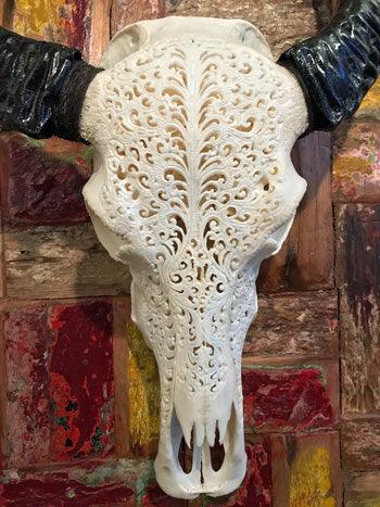 Hand Carved Water Buffalo Skull, Lace Design - Impact Imports