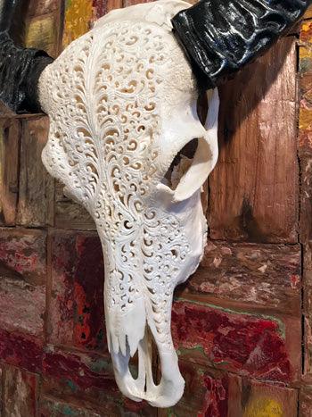 Hand Carved Water Buffalo Skull, Lace Design - Impact Imports