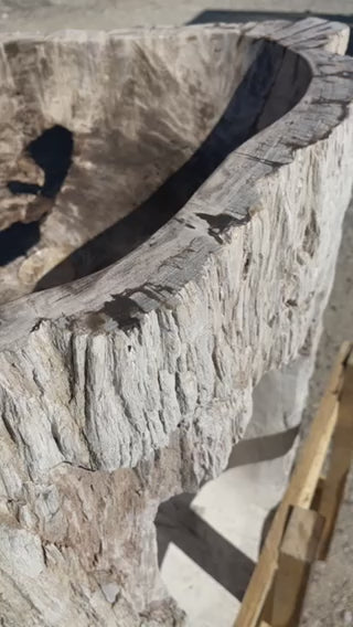 petrified wood pedestal sink with natural exterior and polished bowl and lip