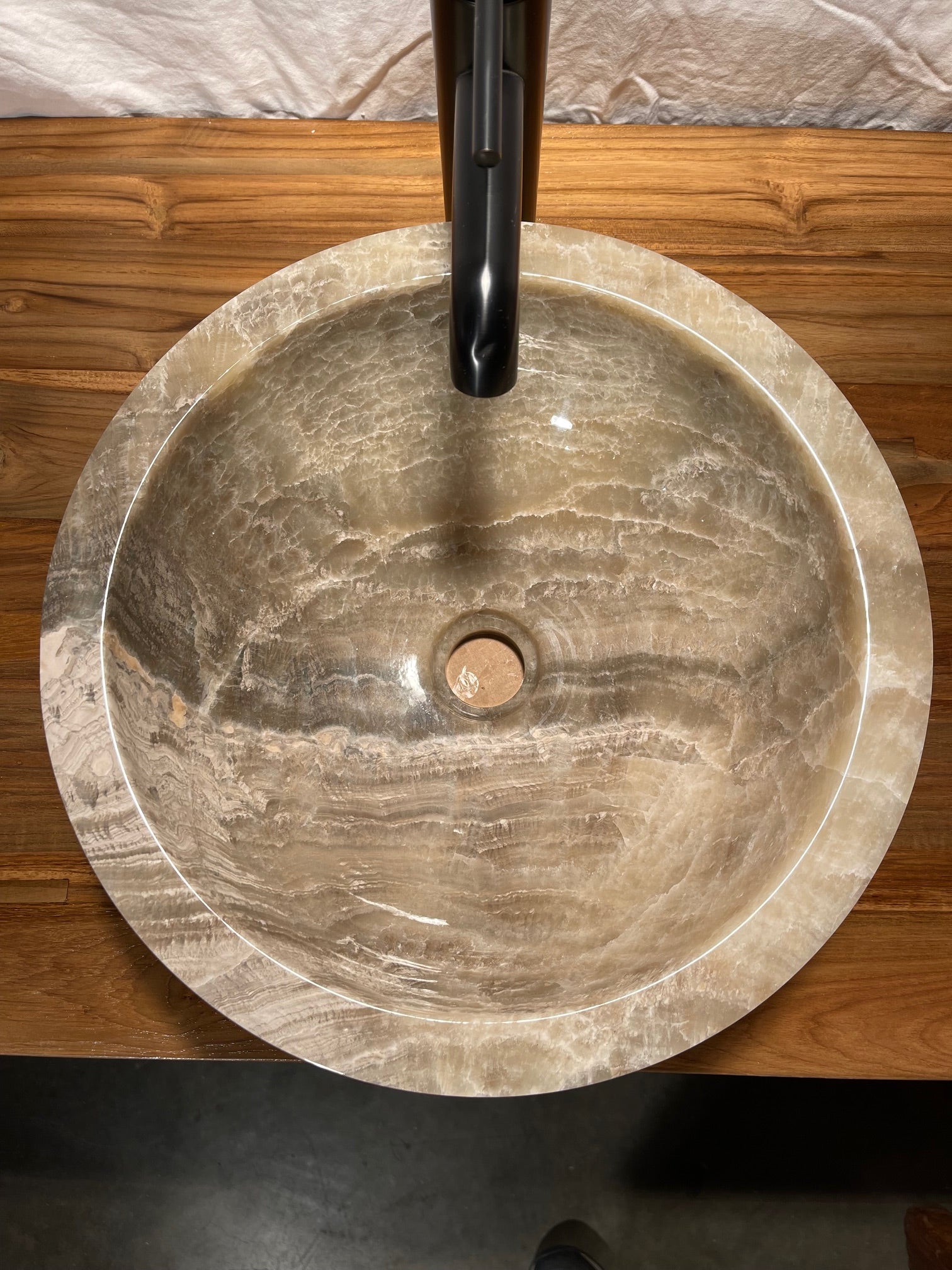 Fully polished 16 inch diameter mixed gray grey onyx colored natural stone vessel sink at impact imports boise idaho
