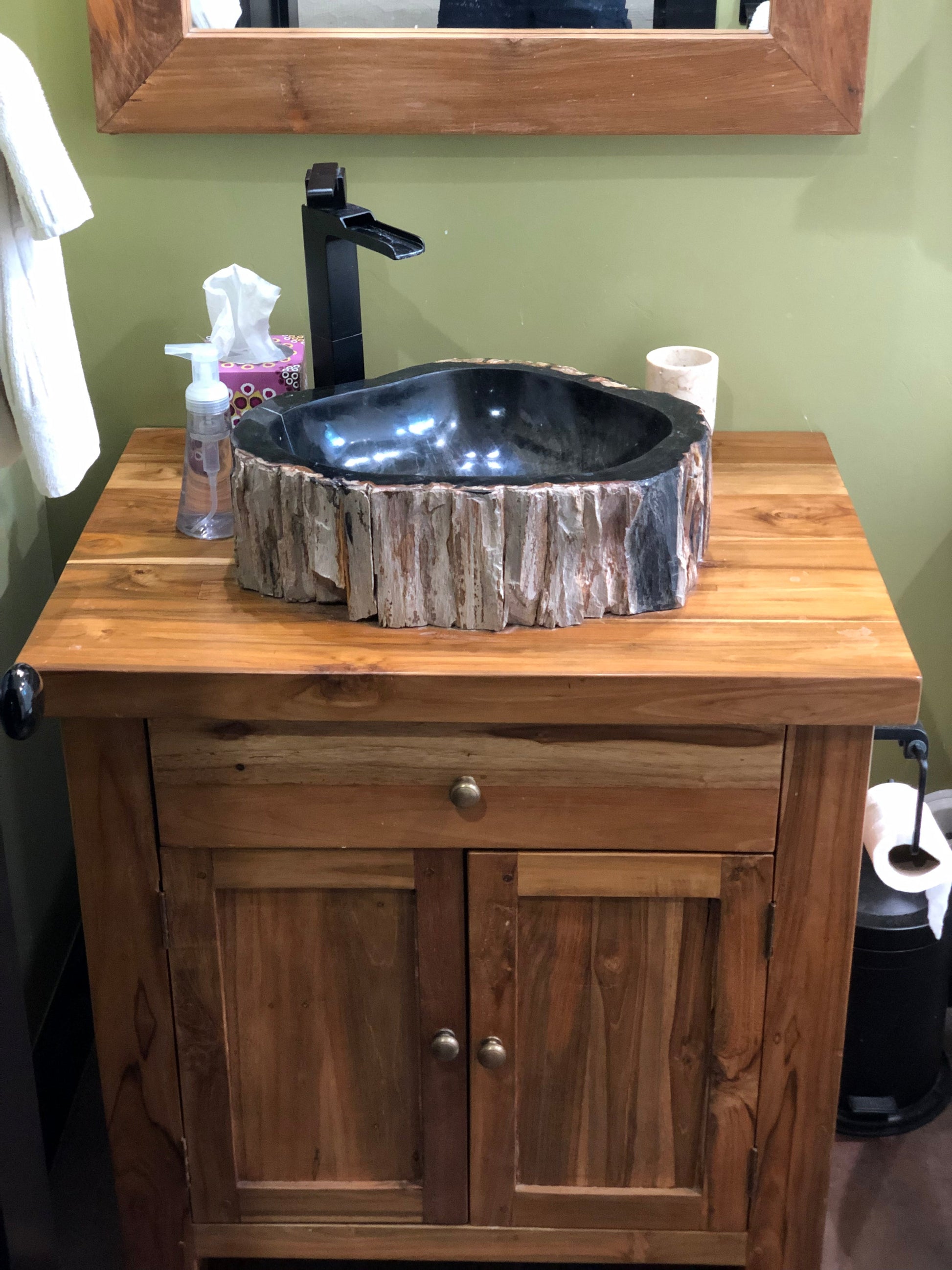petrified wood stone vessel sink on reclaimed teak vanity installed at Warm springs area of sun valley Idaho