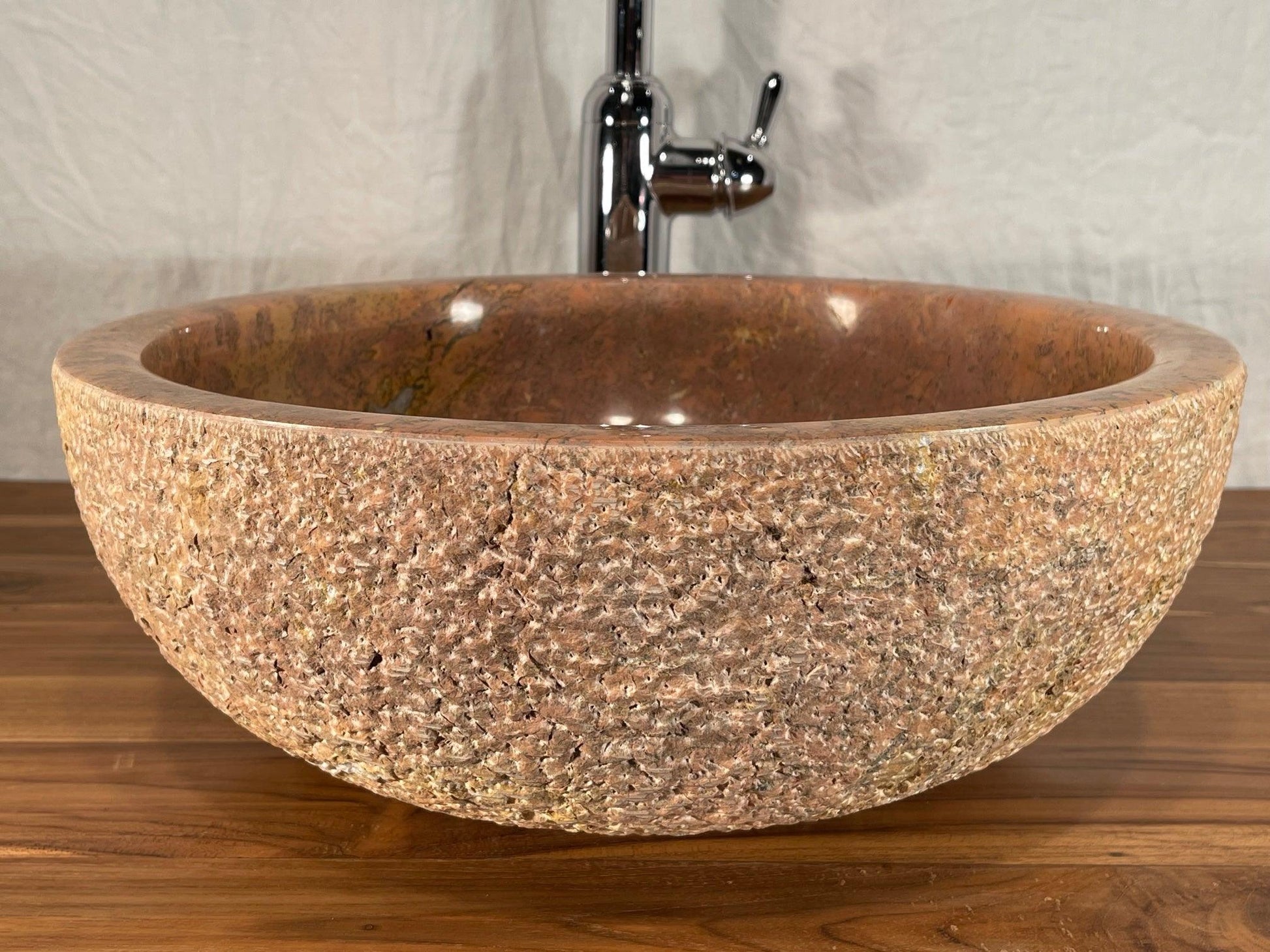 Desert Red Marble Vessel Sink, Chiseled Exterior, RM2 - Impact Imports