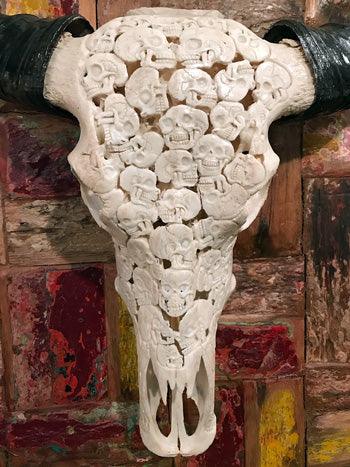 Hand Carved Water Buffalo Skull, Human Skull Carvings - Impact Imports