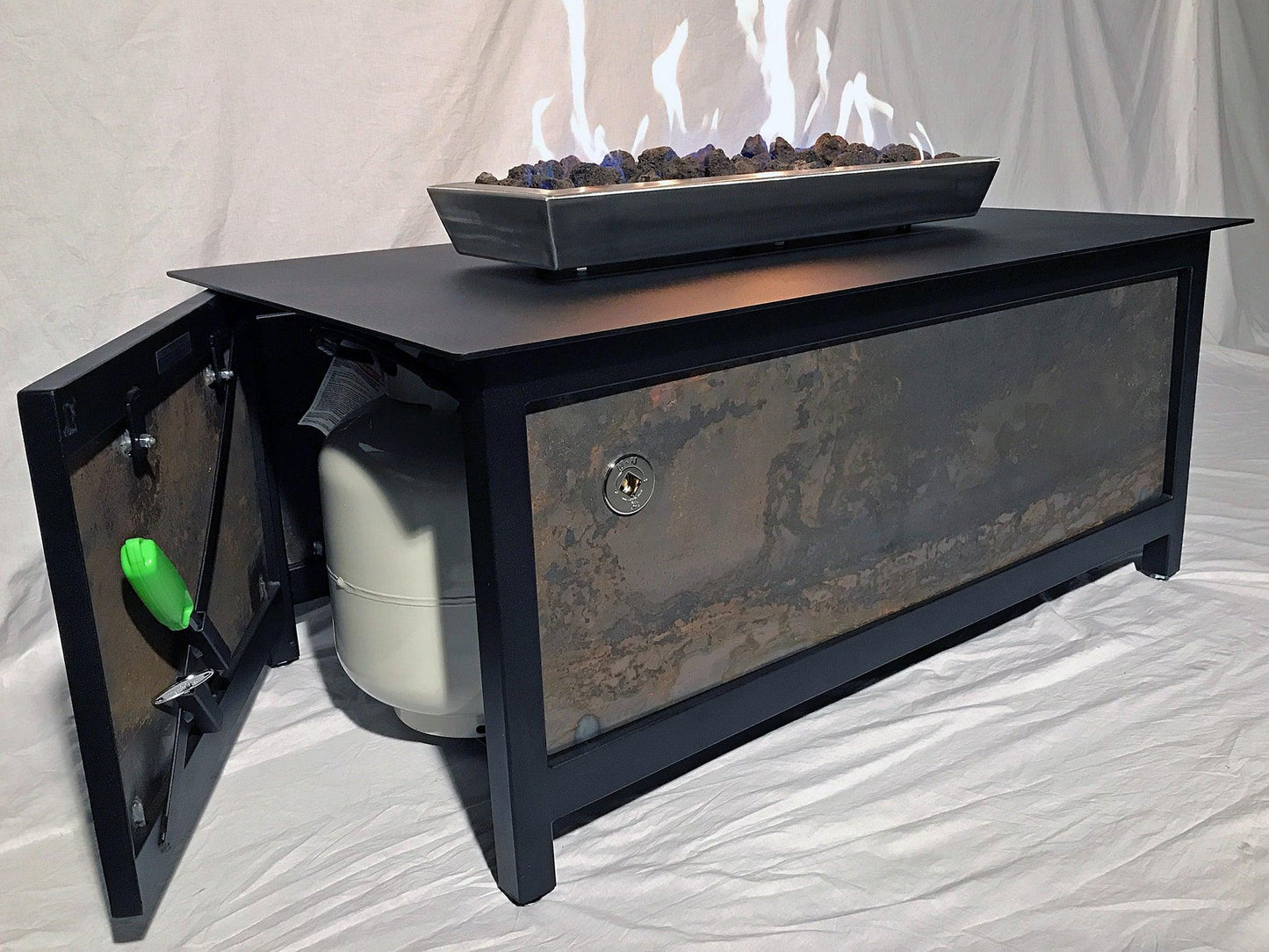 IMPACT Fire Table, Raven Black Frame, Square, CorTen™ Steel Side Panels - Impact Imports